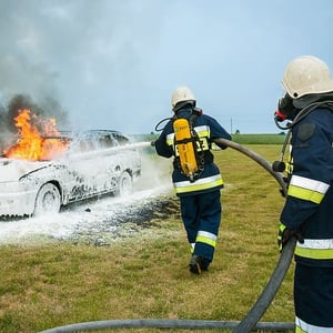 Firefighters using PFAS extinguishing foam