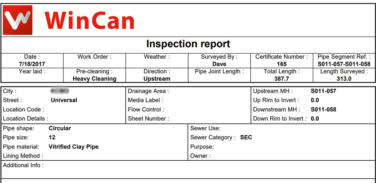 WinCan Inspection Report Header